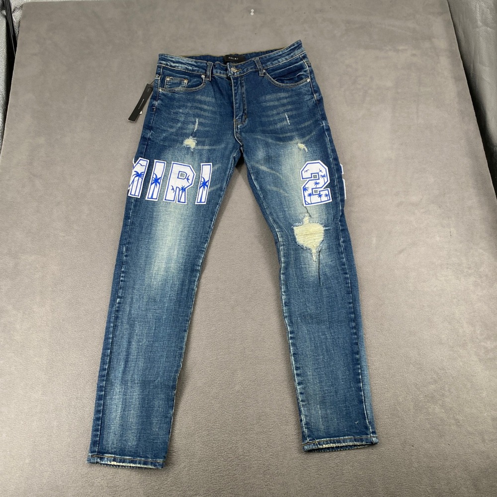 Amiri Men Blue Distressed Graphic Palm Tree Patch Denim Jeans 32